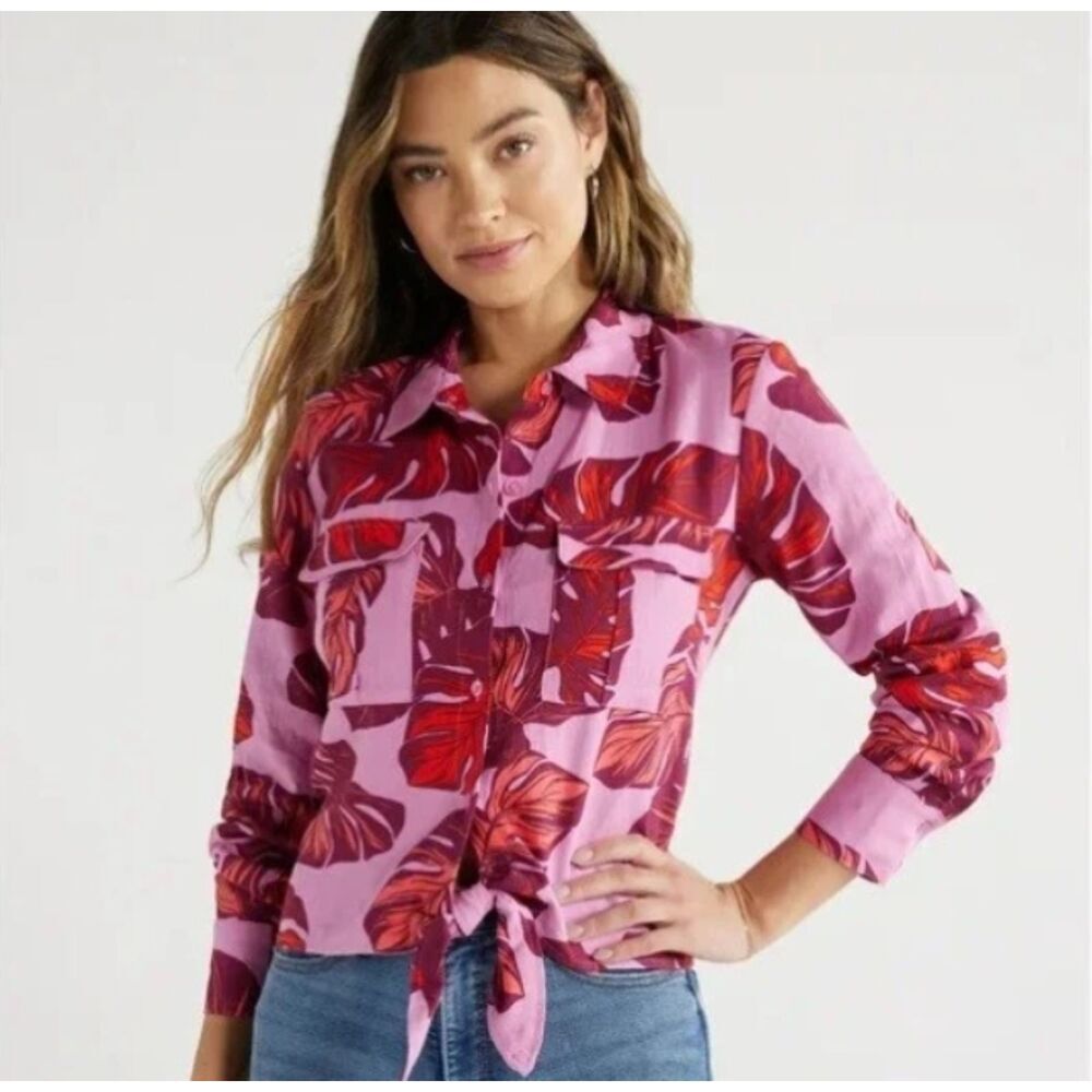 sofia by sofia vergara Pink Button-Down Shirt with Red Tropical Print